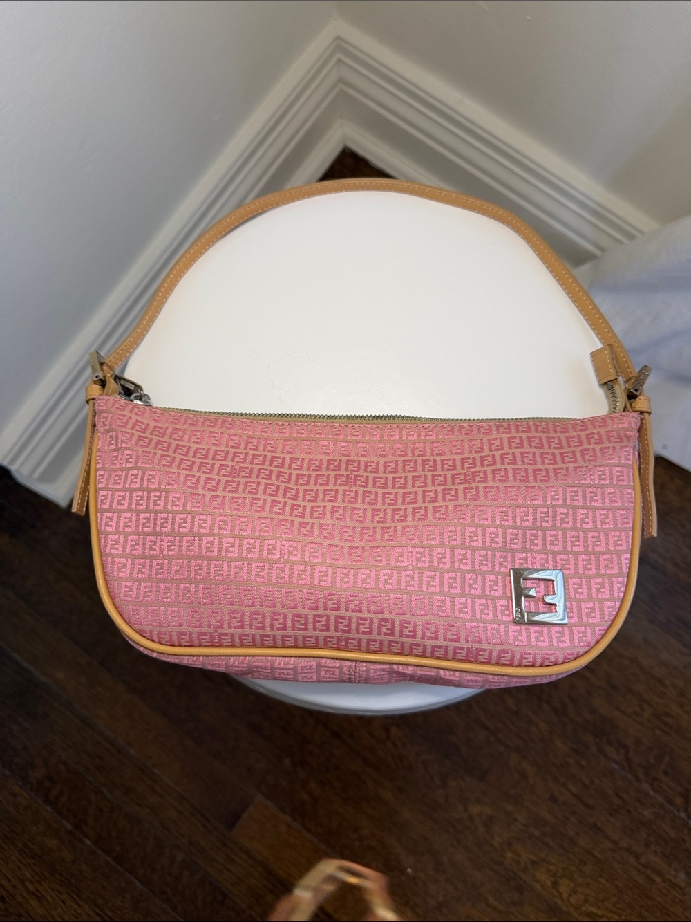 Fendi Pink Zucca Croissant Shoulder Bag with Tan Trim - Picture 2 of 12